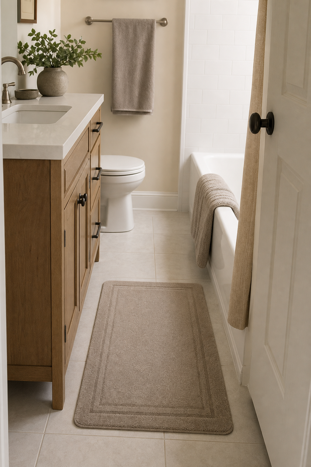 Small bathroom interior idea with make the bath mat part of the palette