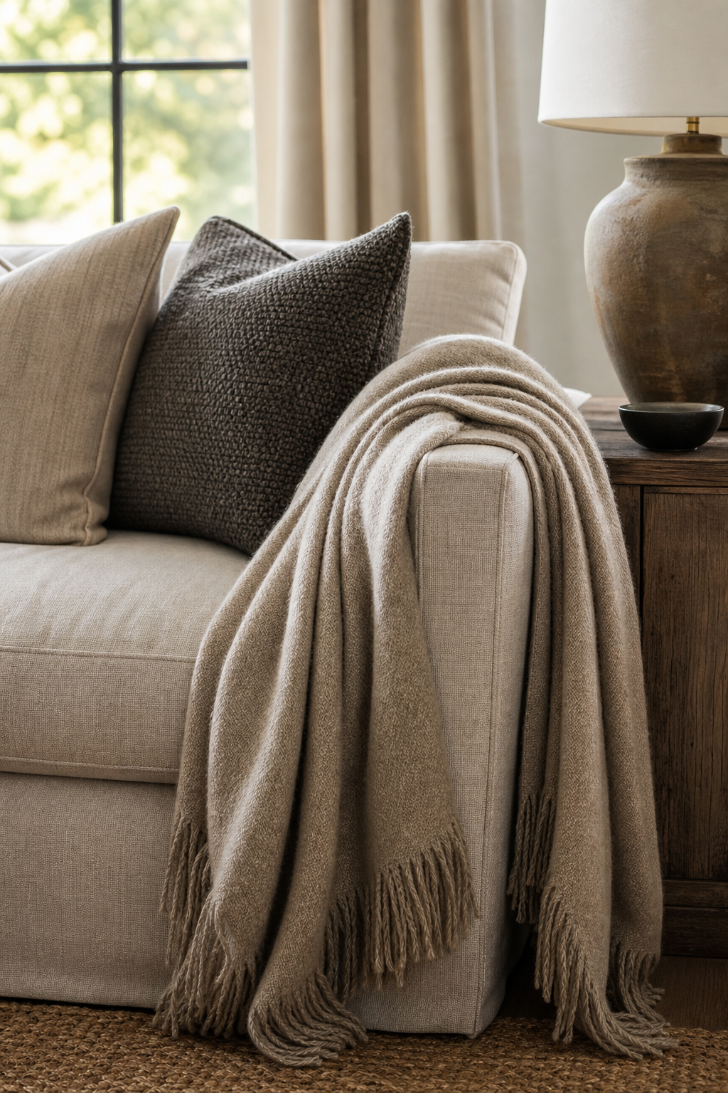 Cozy living room sofa with wool throw blanket and textured pillows