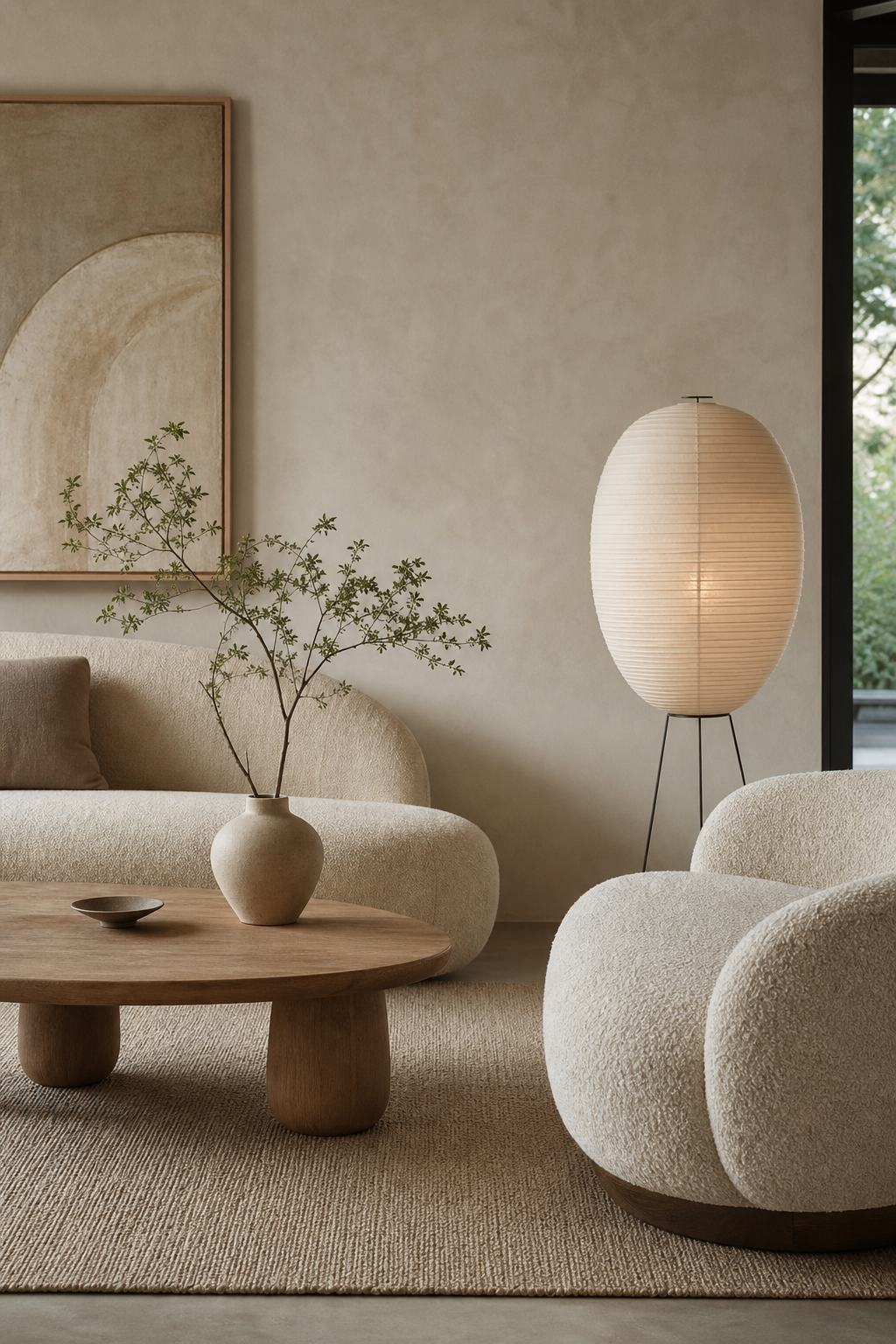 Japandi living room with oval table curved chair and round paper lamp