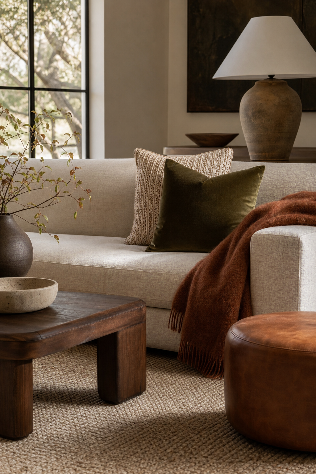Contemporary living room with olive, rust, clay, and tobacco accent colors