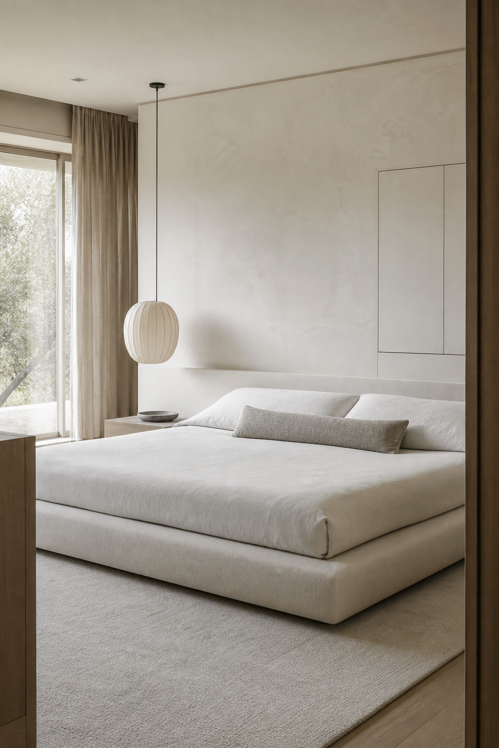 Soft minimalist luxury bedroom with low cream platform bed