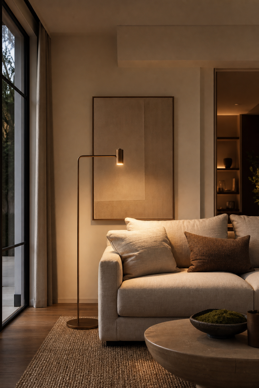 choose a slim floor lamp in a cozy minimalist living room