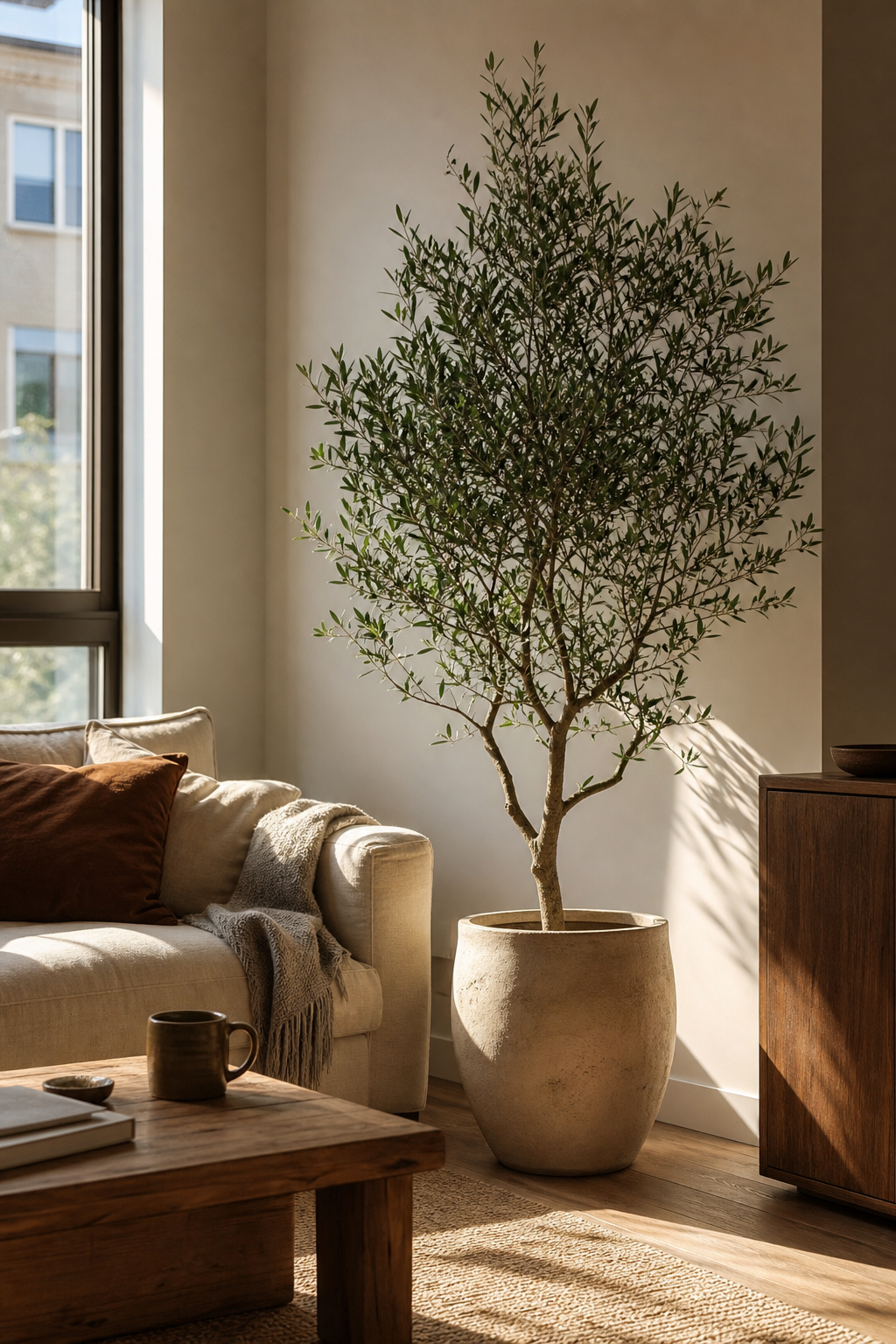Warm apartment aesthetic idea with add plants with soft shapes