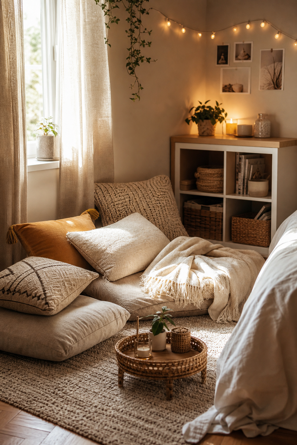 Teen bedroom cozy floor cushion corner with rug and low tray