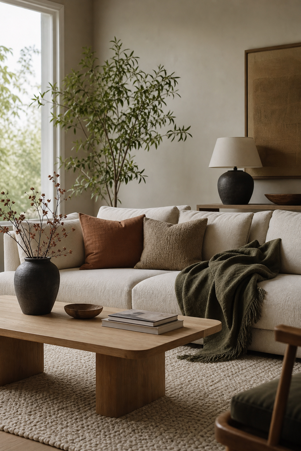 Japandi living room with muted earth color accents