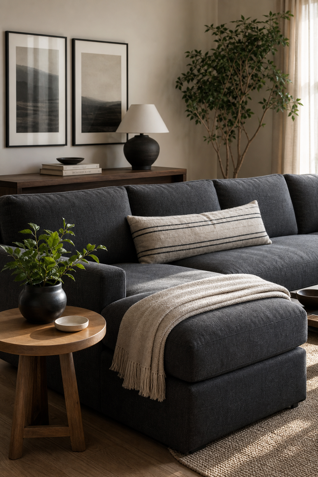 Dark grey couch styling idea with add a matching chaise moment