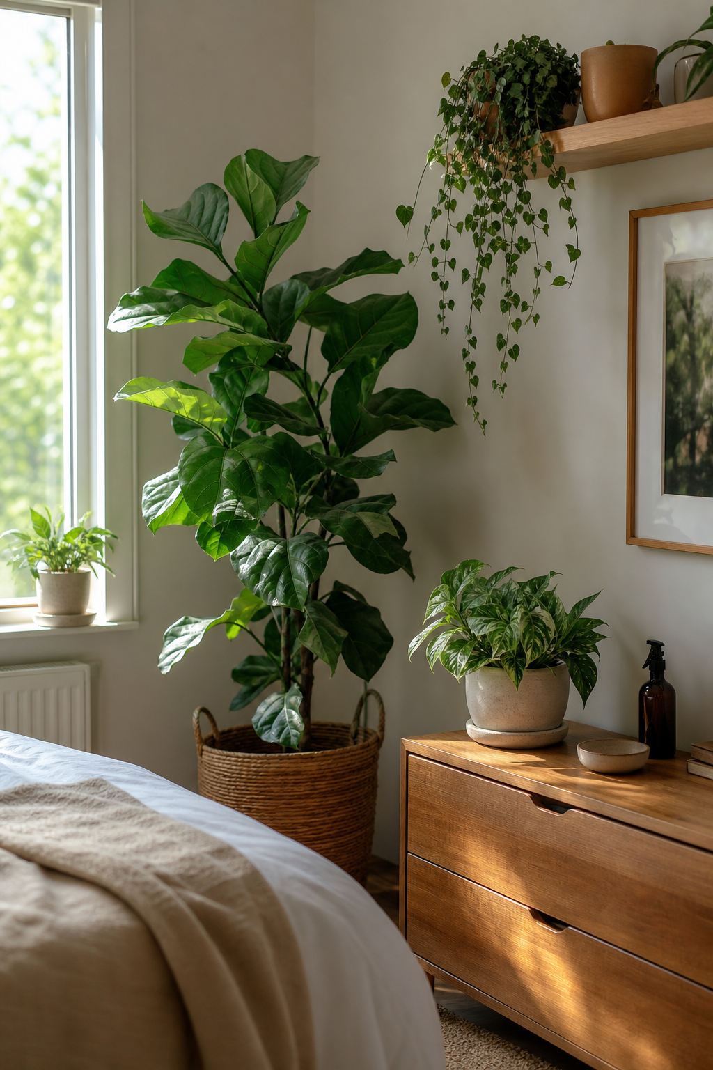 Bedroom corner with floor, tabletop, and trailing plants at different heights