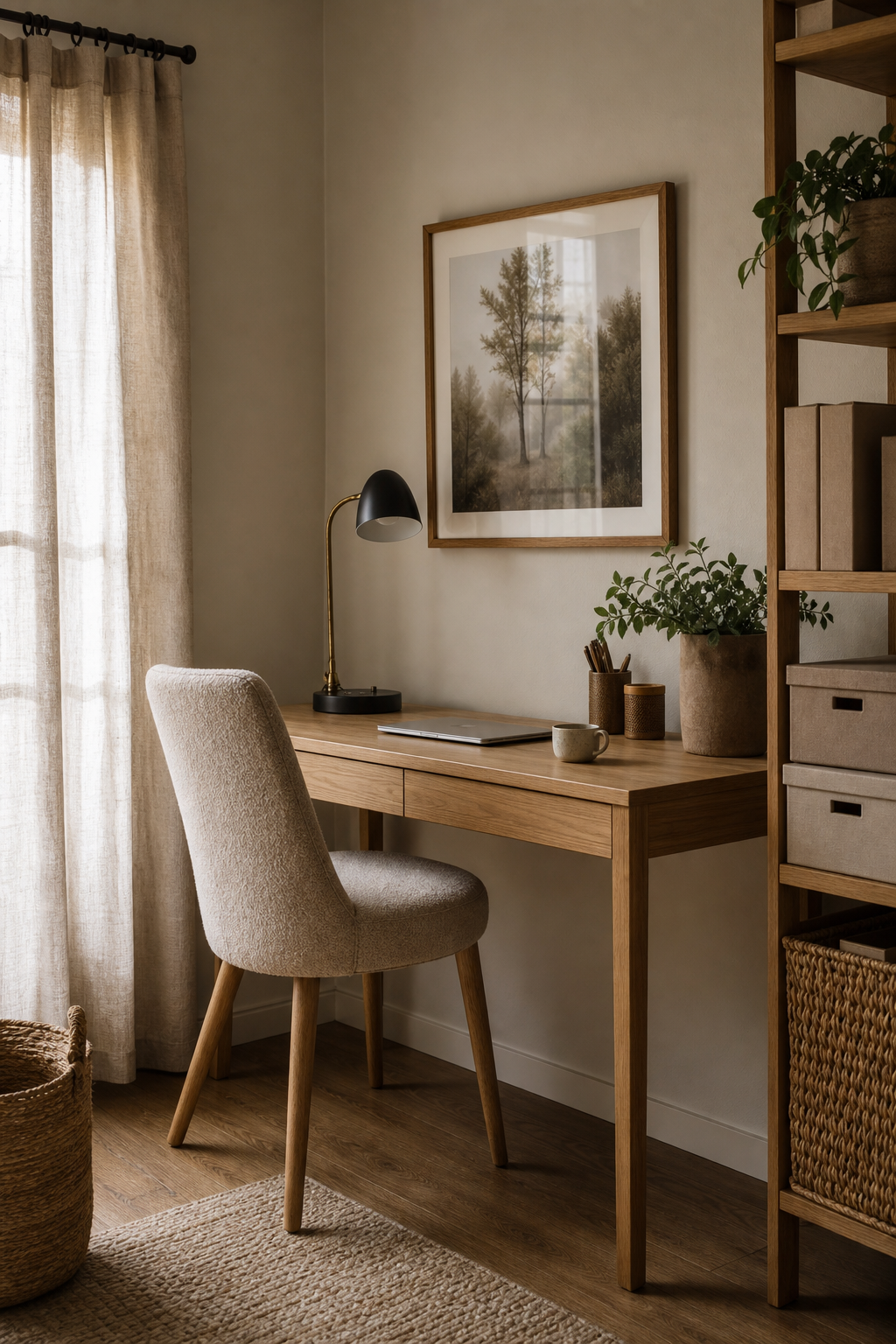 Compact apartment work corner with slim desk and upholstered chair