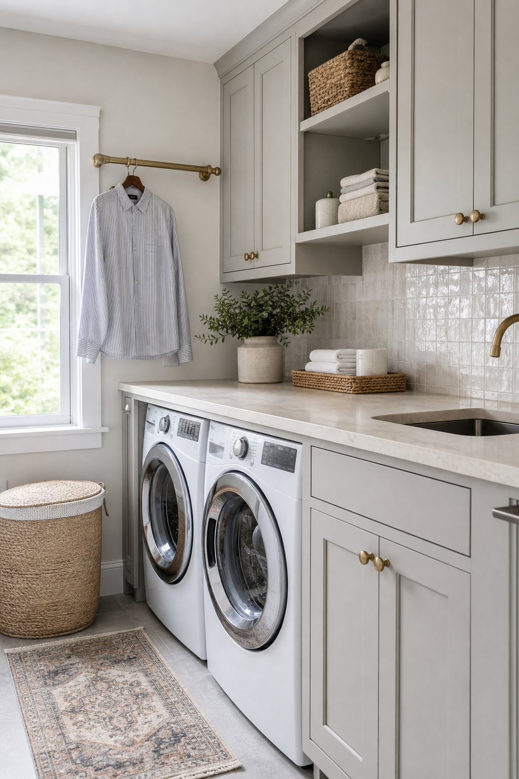 Polished laundry room with stone folding counter, cabinetry, tile, and brass pulls