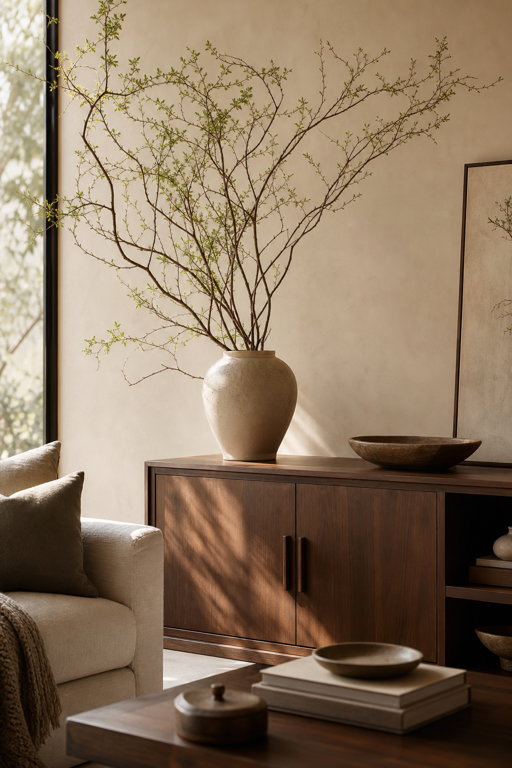 Living room console with ceramic vase of sculptural branches, linen sofa nearby, warm wall, natural light, designer styling