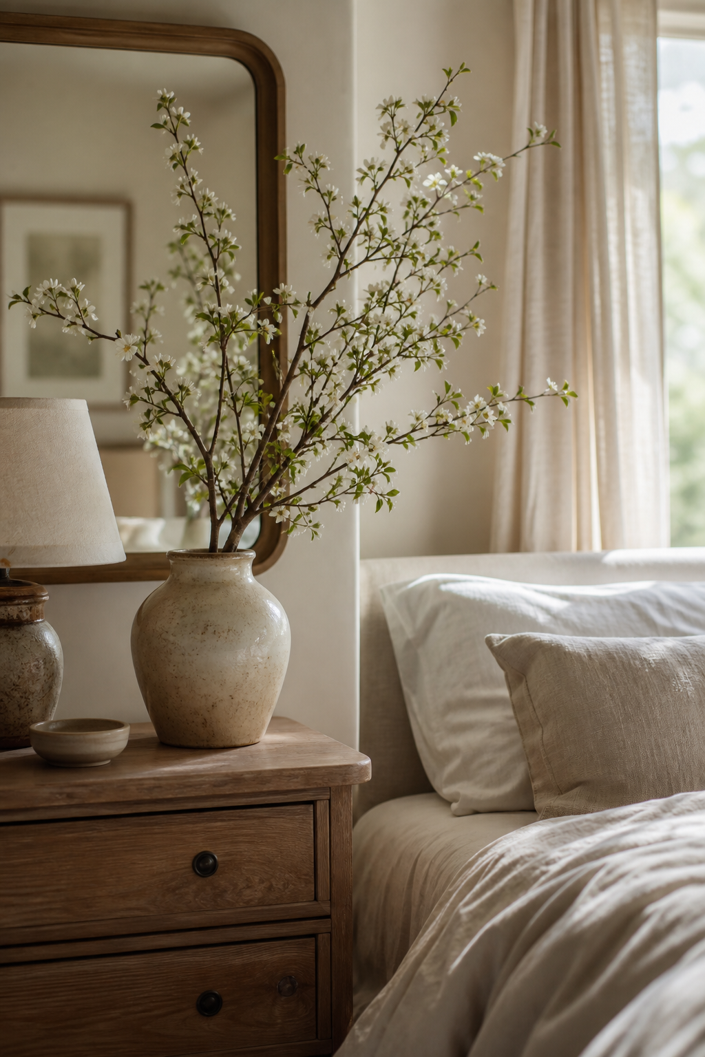 Cozy bedroom with ceramic vase of branches on wood dresser