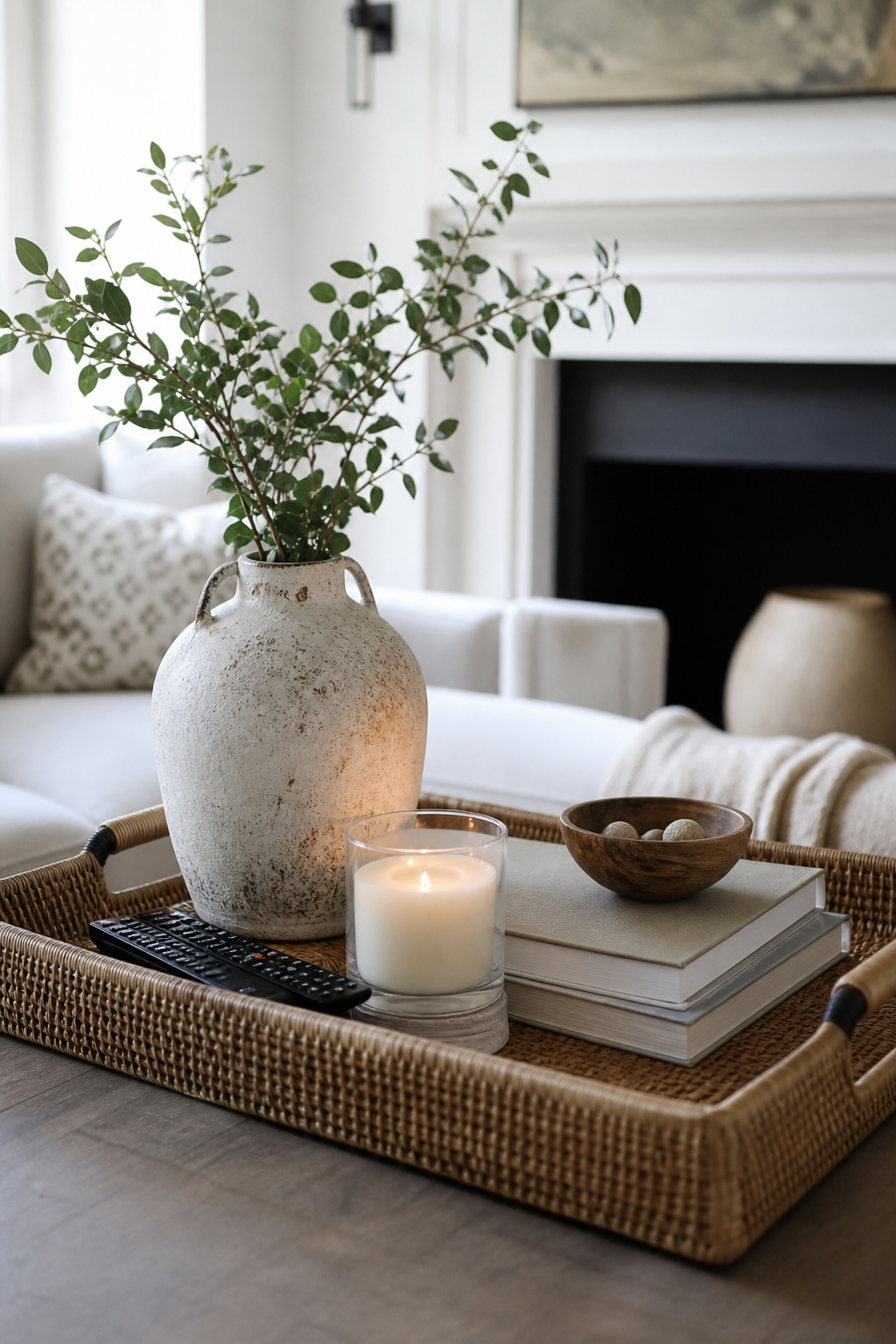 Coffee table tray organizing everyday items with decor