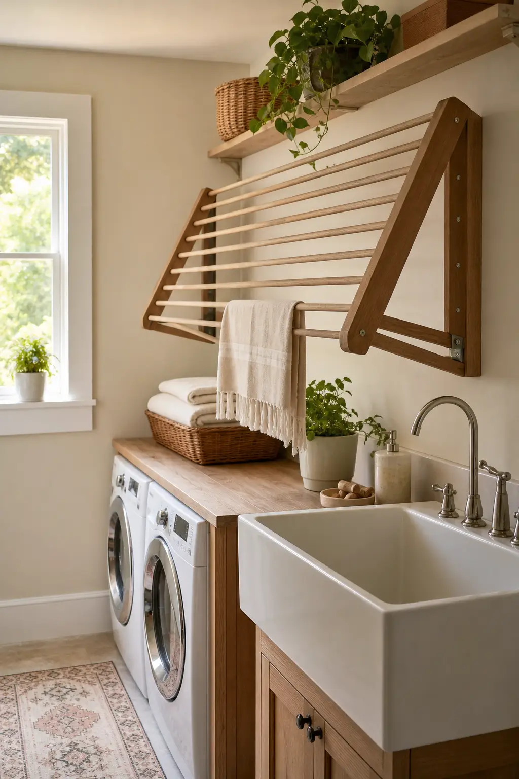 Fold-down wooden drying rack mounted on a laundry room wall