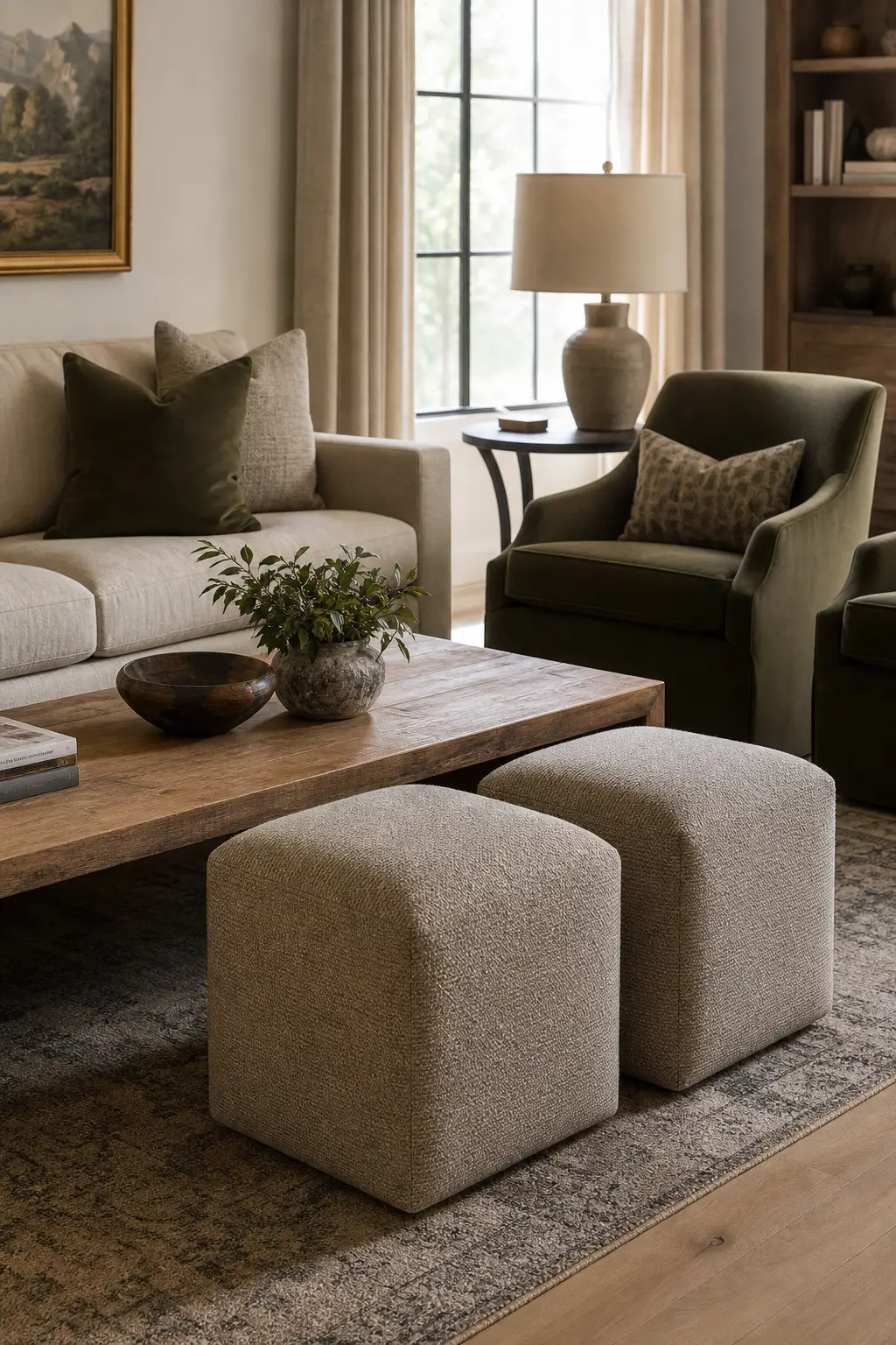 Use ottomans as extra pull-up seating in a cozy designer conversation room