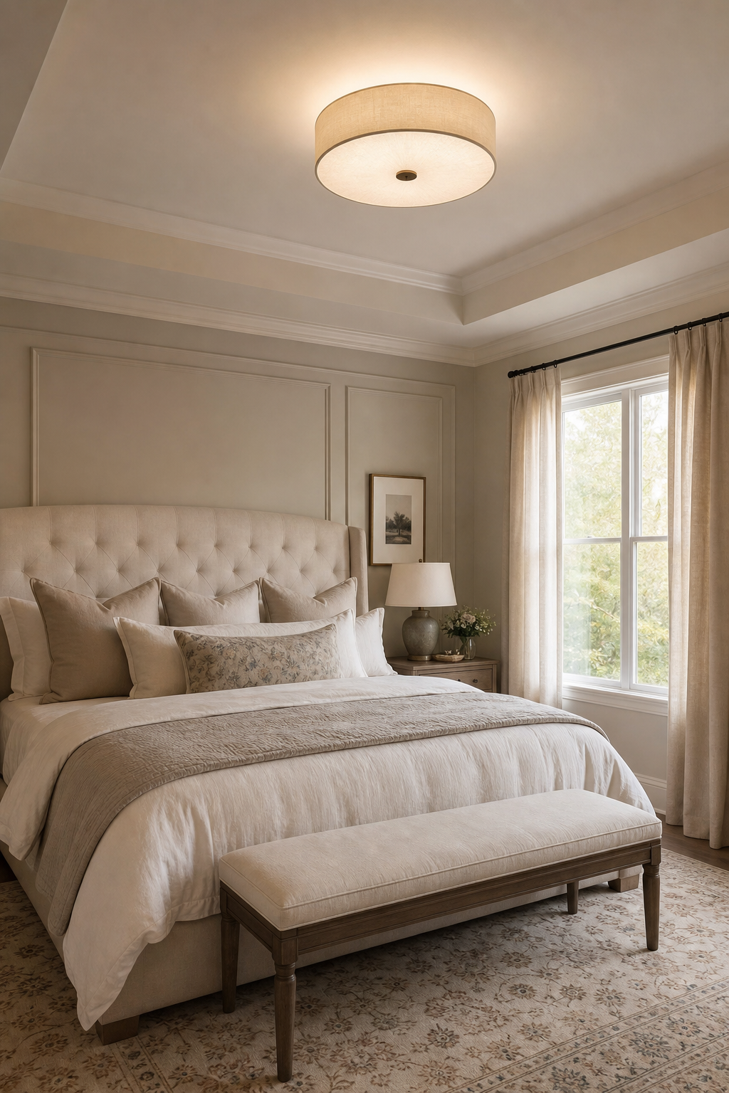 Simple bedroom ceiling with warm fabric flush mount lighting