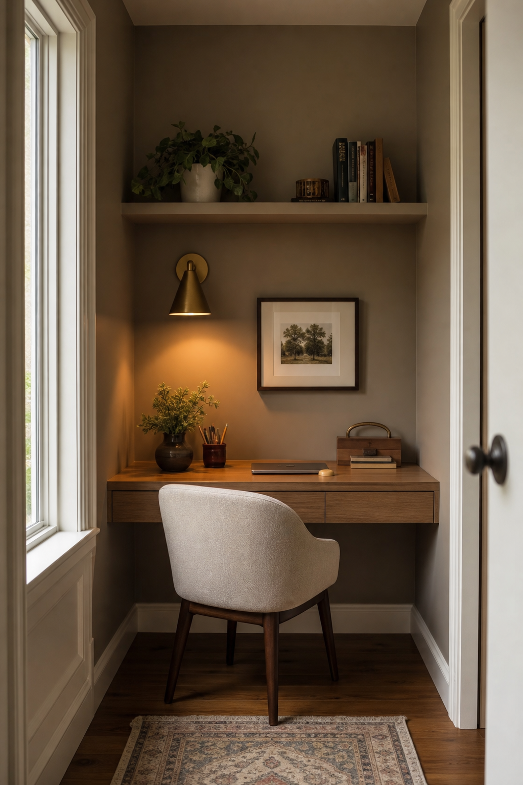 Small home office nook with built-in desk, wall shelf, sconce, warm paint, chair, tidy surface