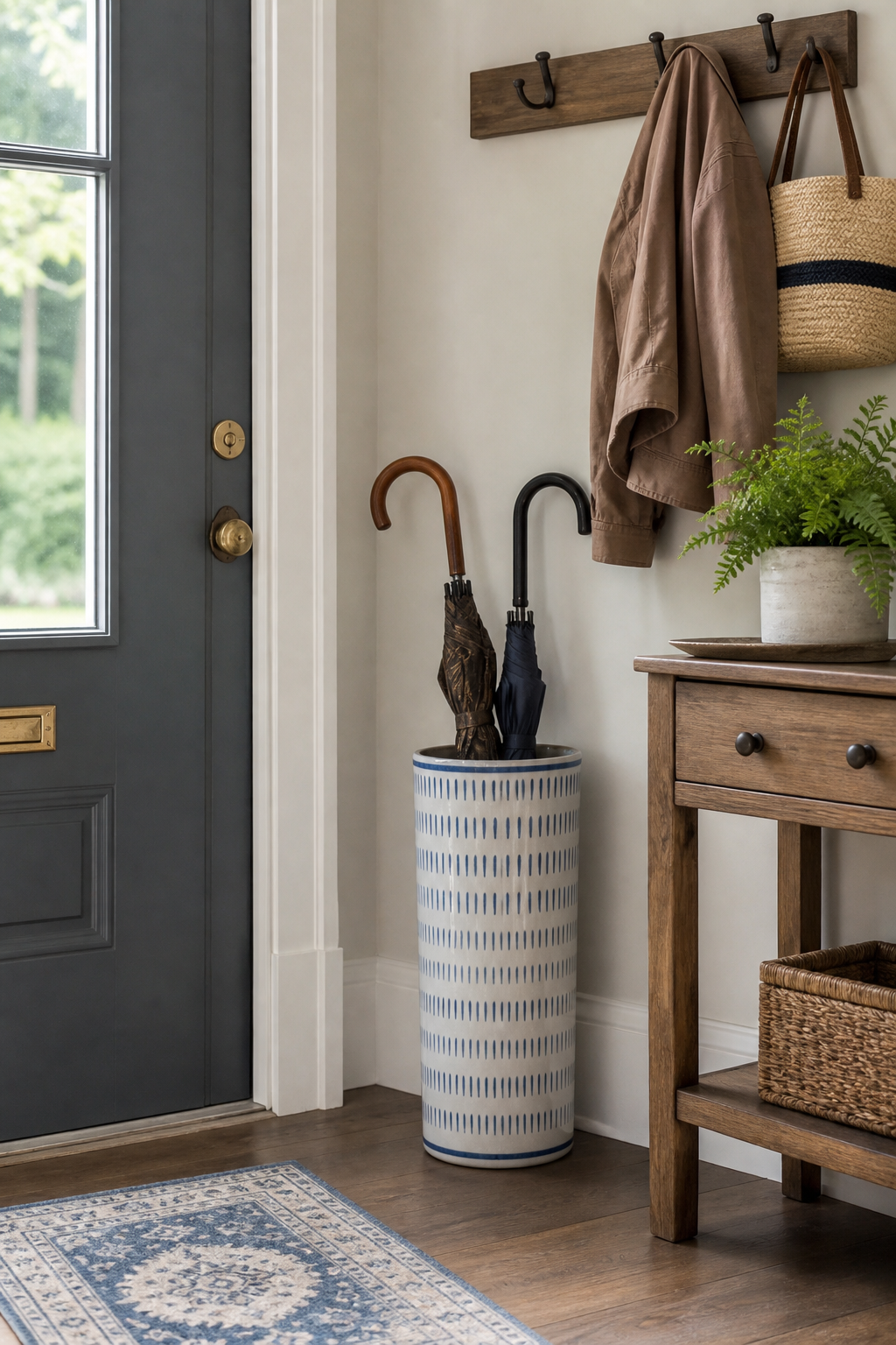 Entryway corner with ceramic umbrella stand near front door