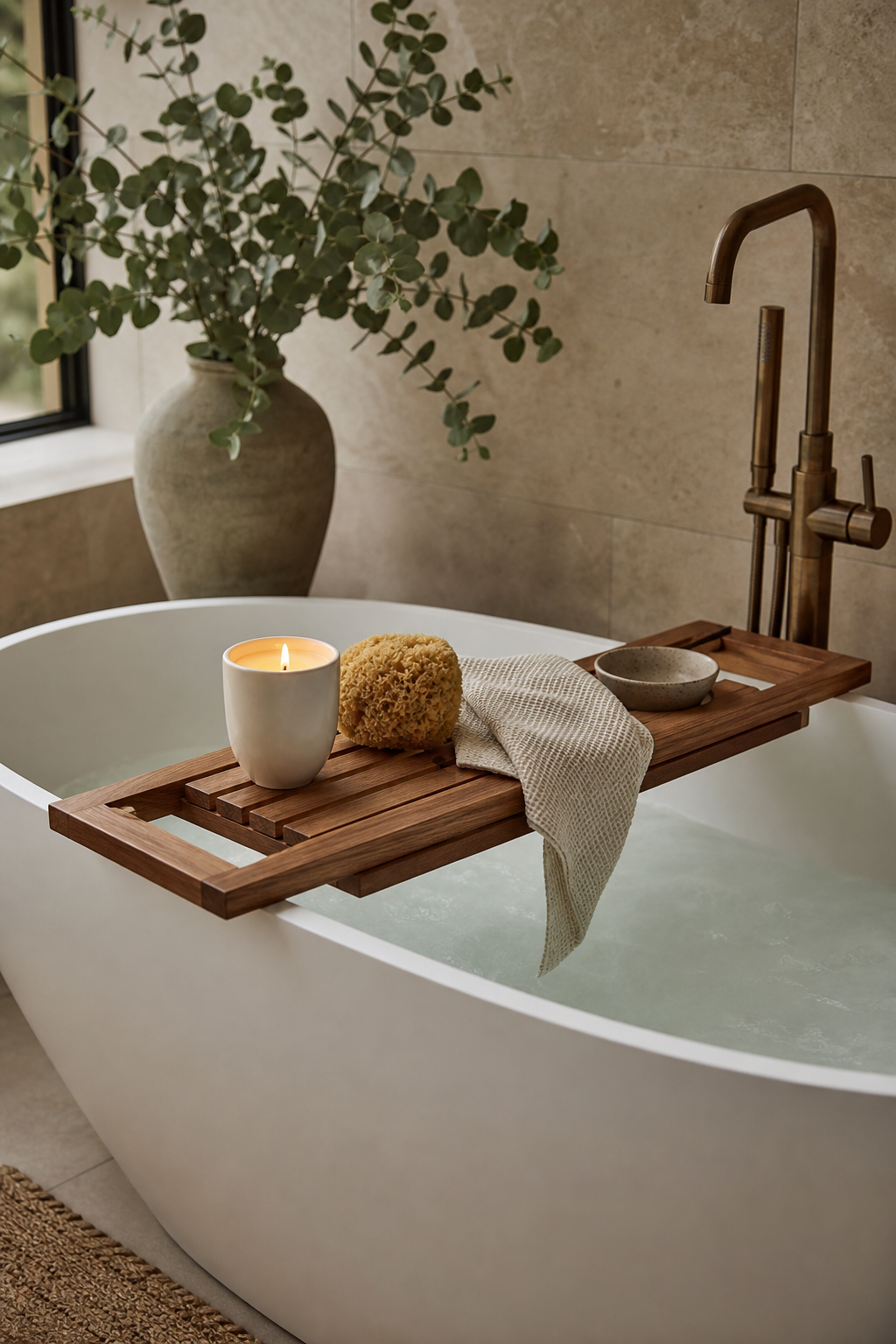 Freestanding bathtub with teak bath caddy candle and folded washcloth