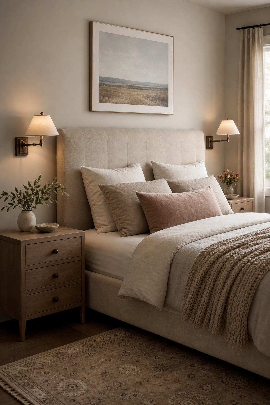 Use Sconces To Free Nightstand Space in a cozy Pinterest-worthy bedroom