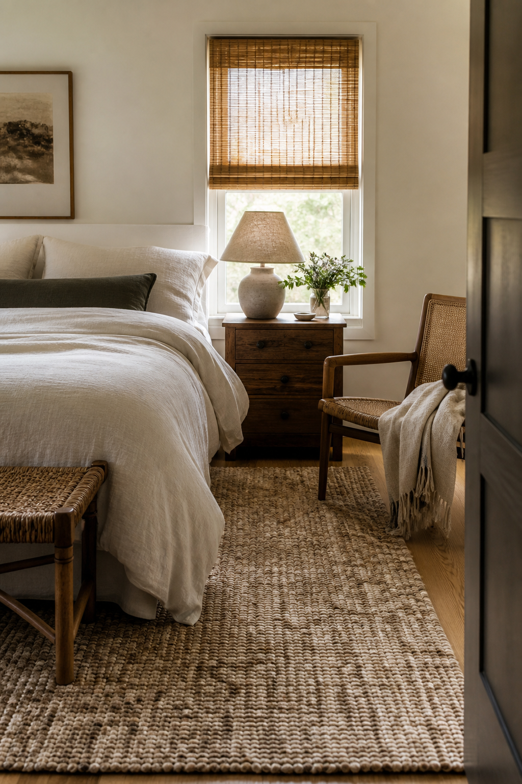 Guest bedroom with woven shades, linen bedding, cane chair, ceramic lamp, wool rug, warm natural textures