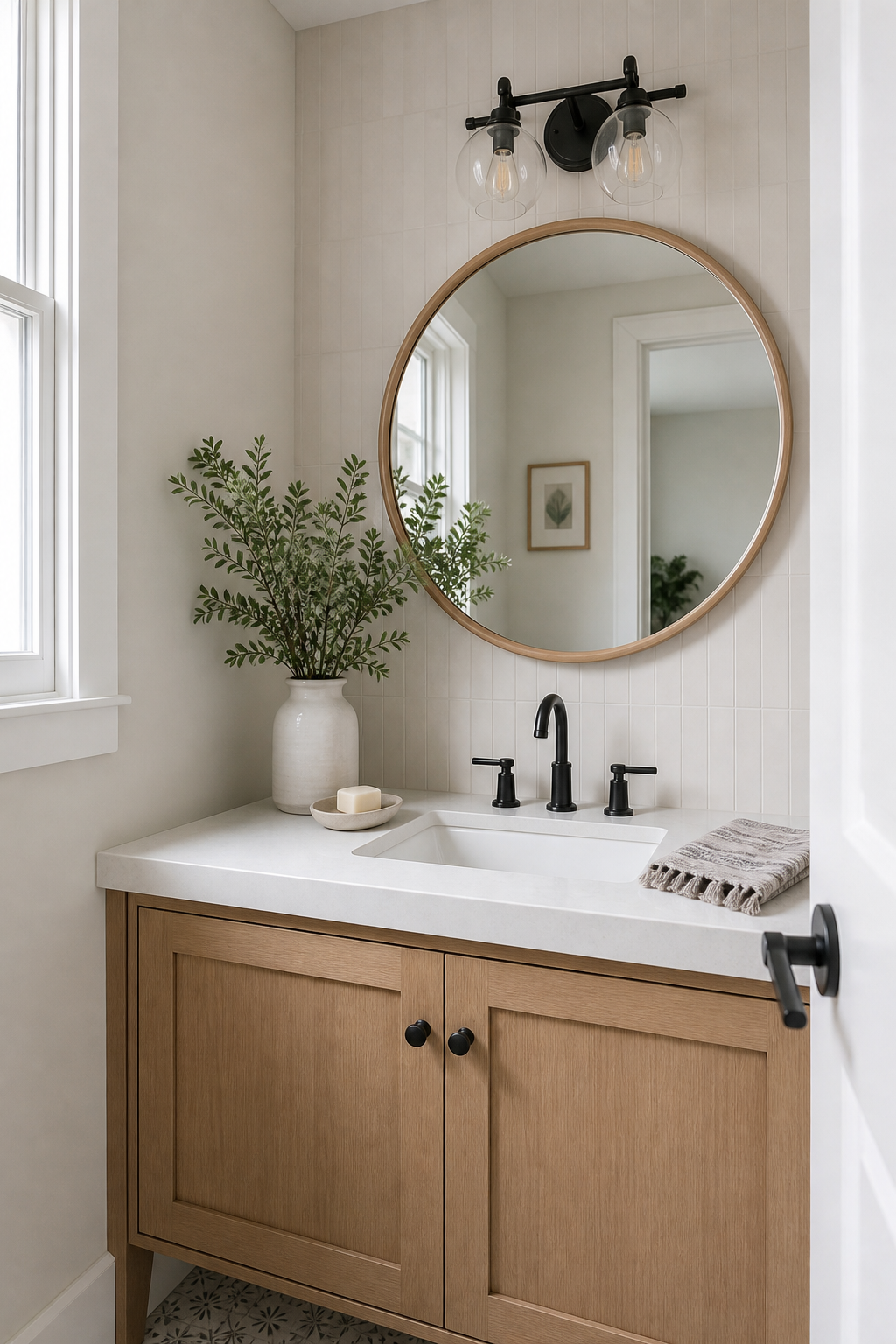 Compact half bathroom vanity with simple greenery, clean soap dish, folded hand towel, and round mirror