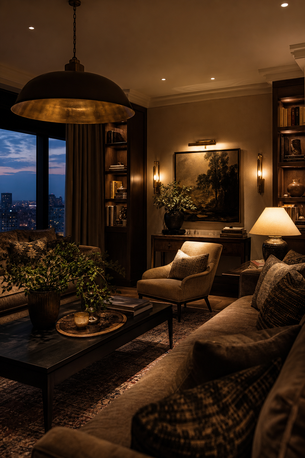 Luxury living room refreshed with layered evening lighting
