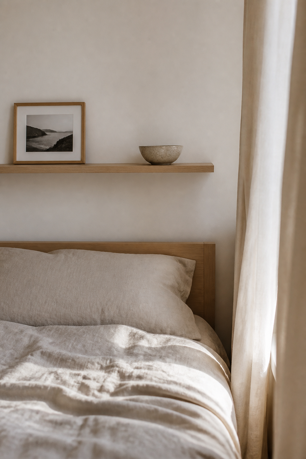 Minimal bedroom with a single personal detail on a pale oak shelf beside calm linen bedding