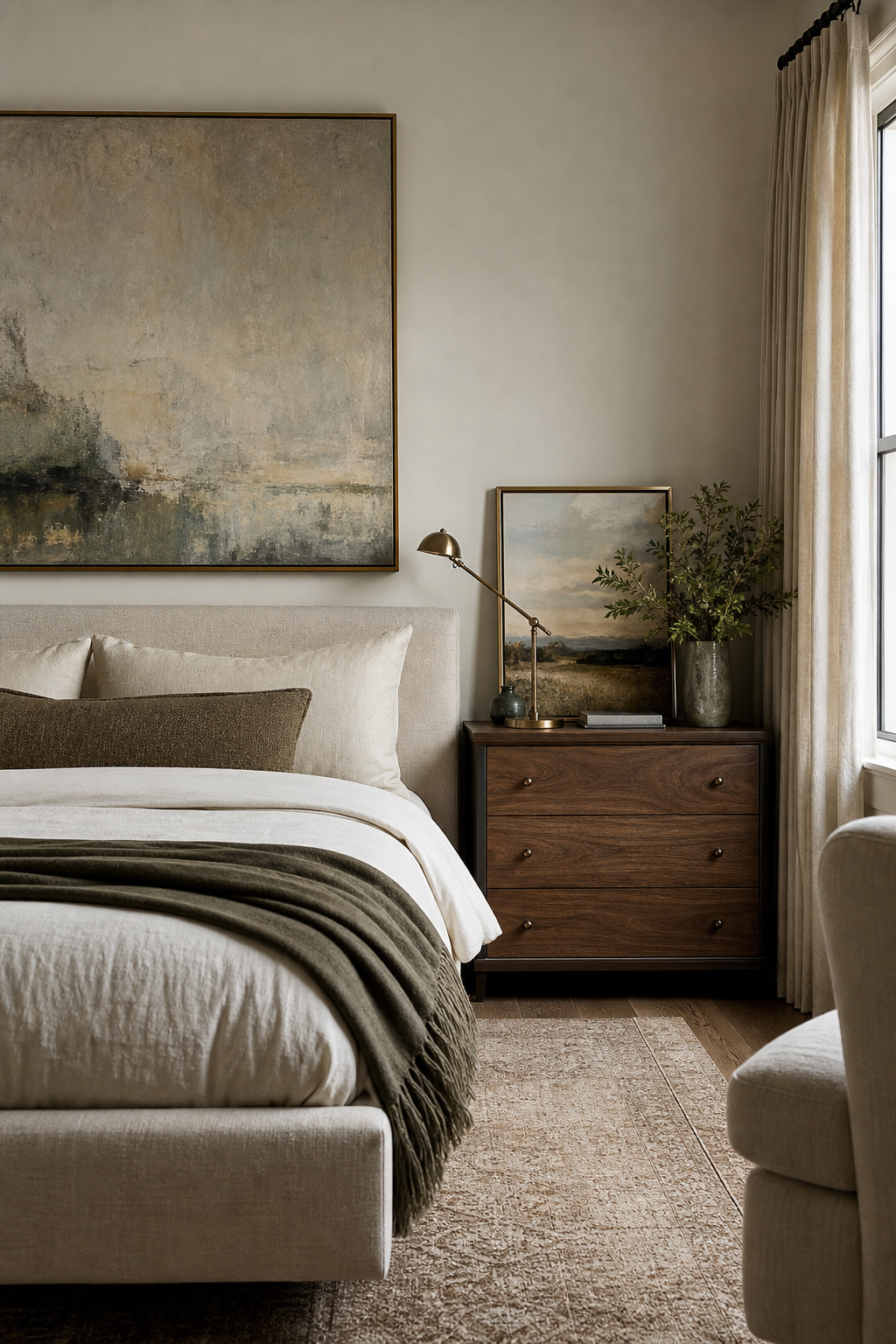 Cozy bedroom with muted artwork above the bed and framed pieces on a dresser