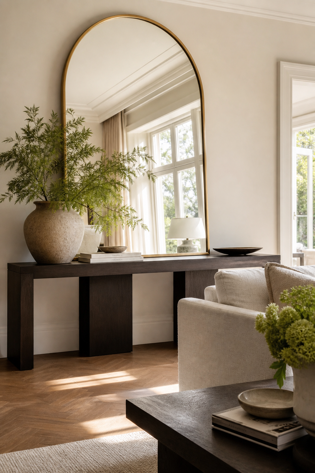 Try A Grid Mirror In A Dining Room in a bright elevated room