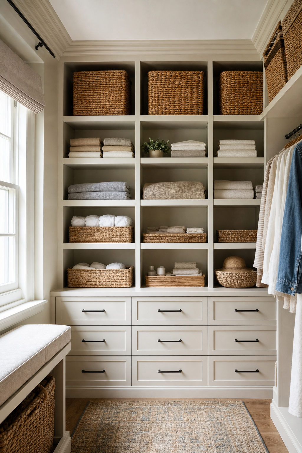 Use Baskets For Hidden Clutter in a neat stylish closet room