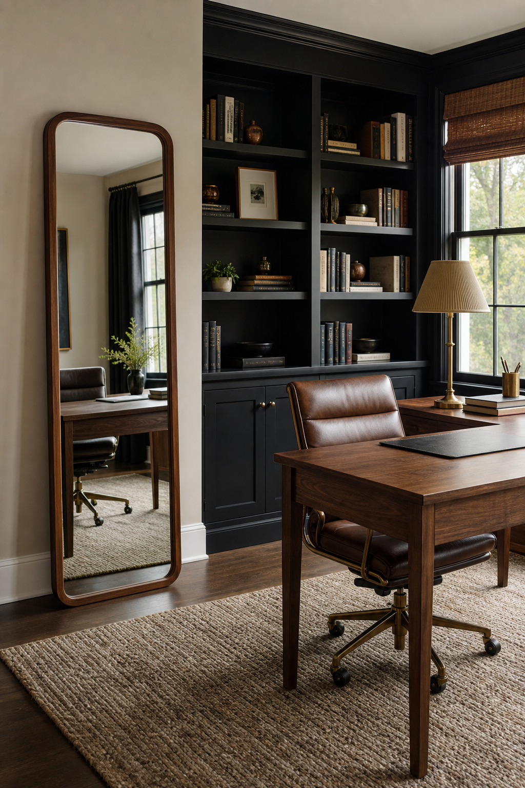 Slim standing mirror adding depth to a refined home office