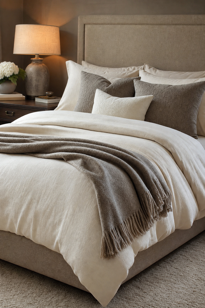Luxury bed finished with one intentional wool throw