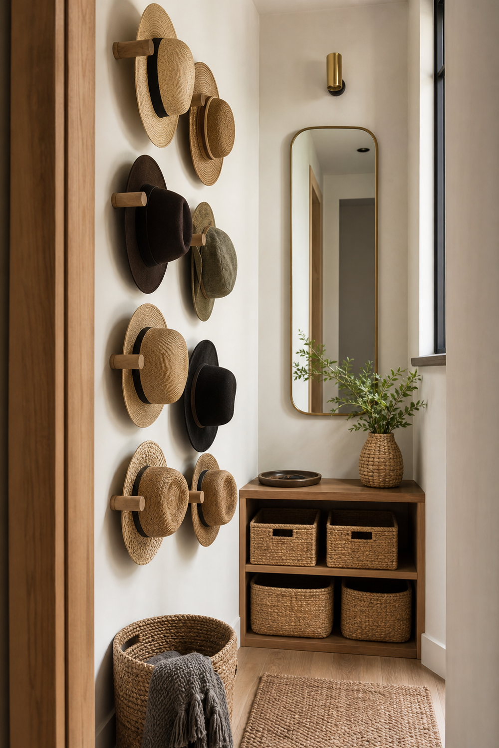 Turn A Narrow Wall Into Storage for neat stylish hat storage