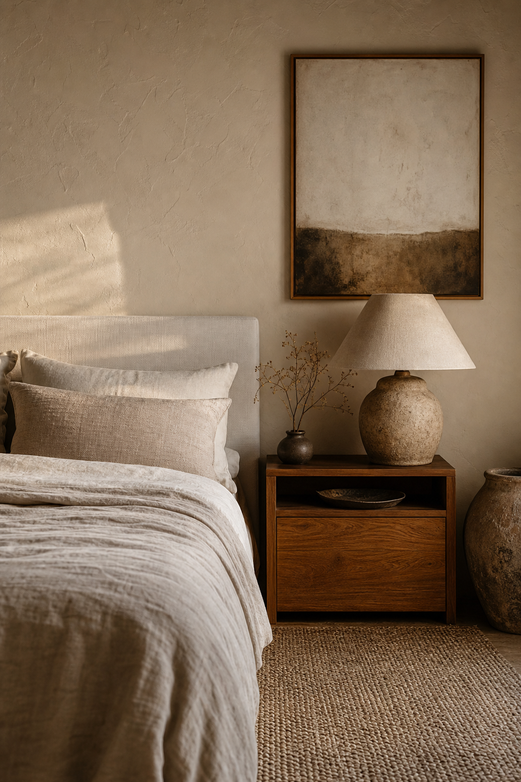 Warm plaster wall bedroom with linen bedding, stone lamps, and wood nightstands