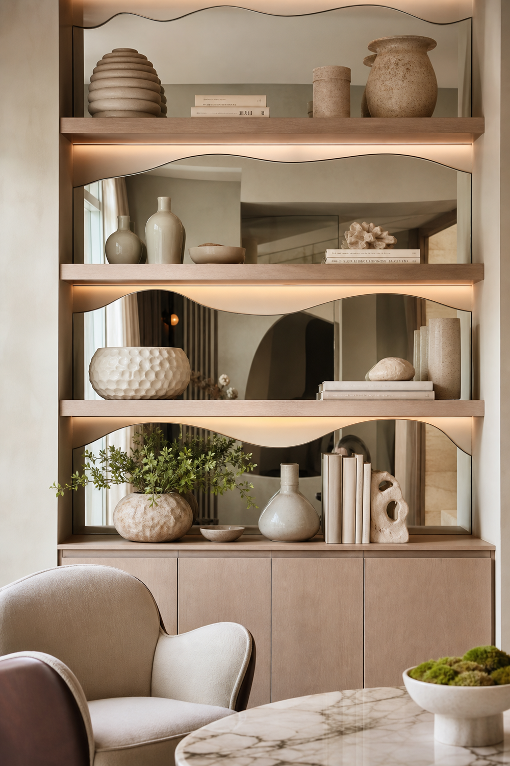 Let A Wavy Mirror Break Up Built-In Shelves for wavy mirror ideas