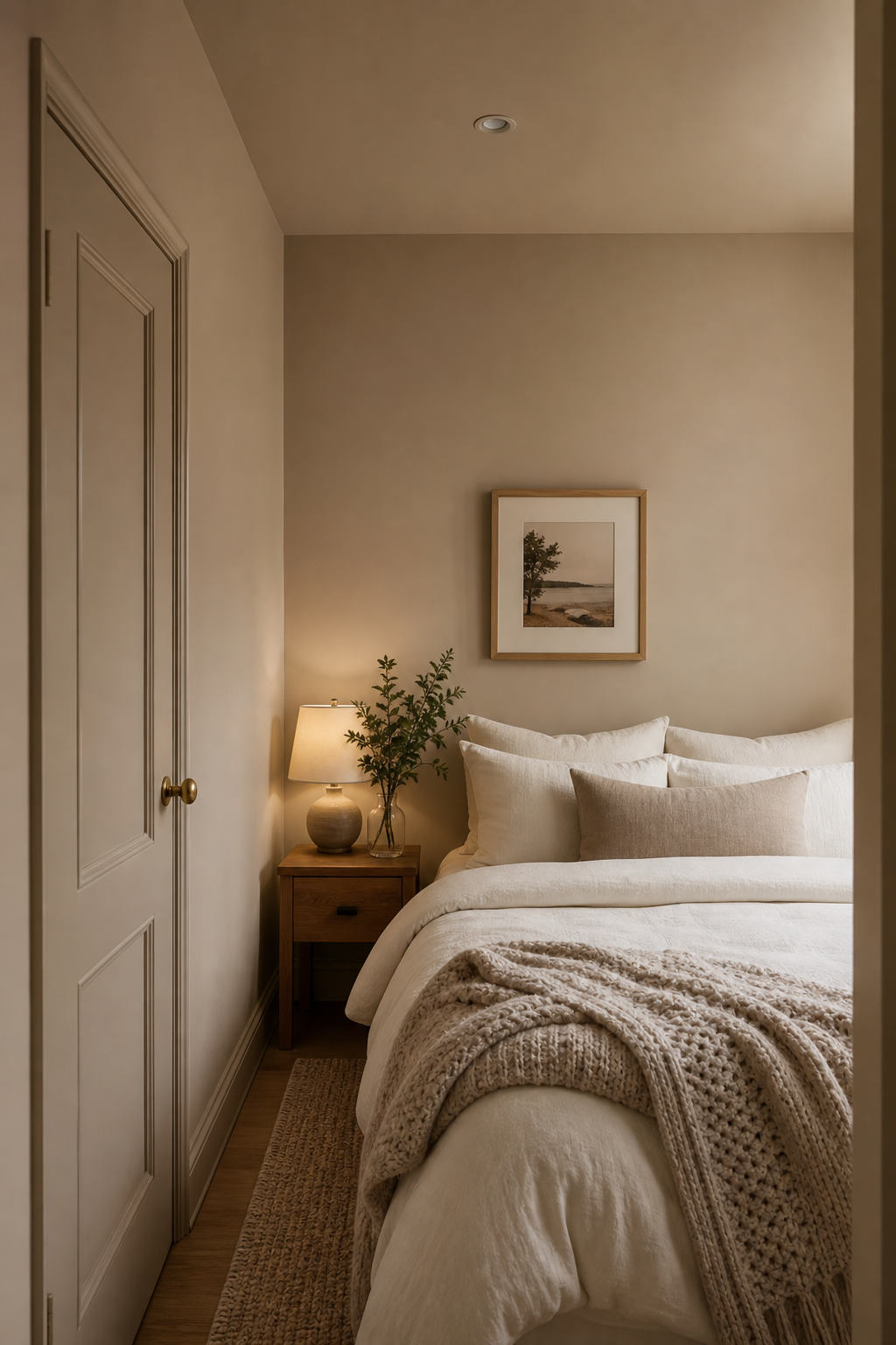 Tiny bedroom with walls and trim painted the same soft color