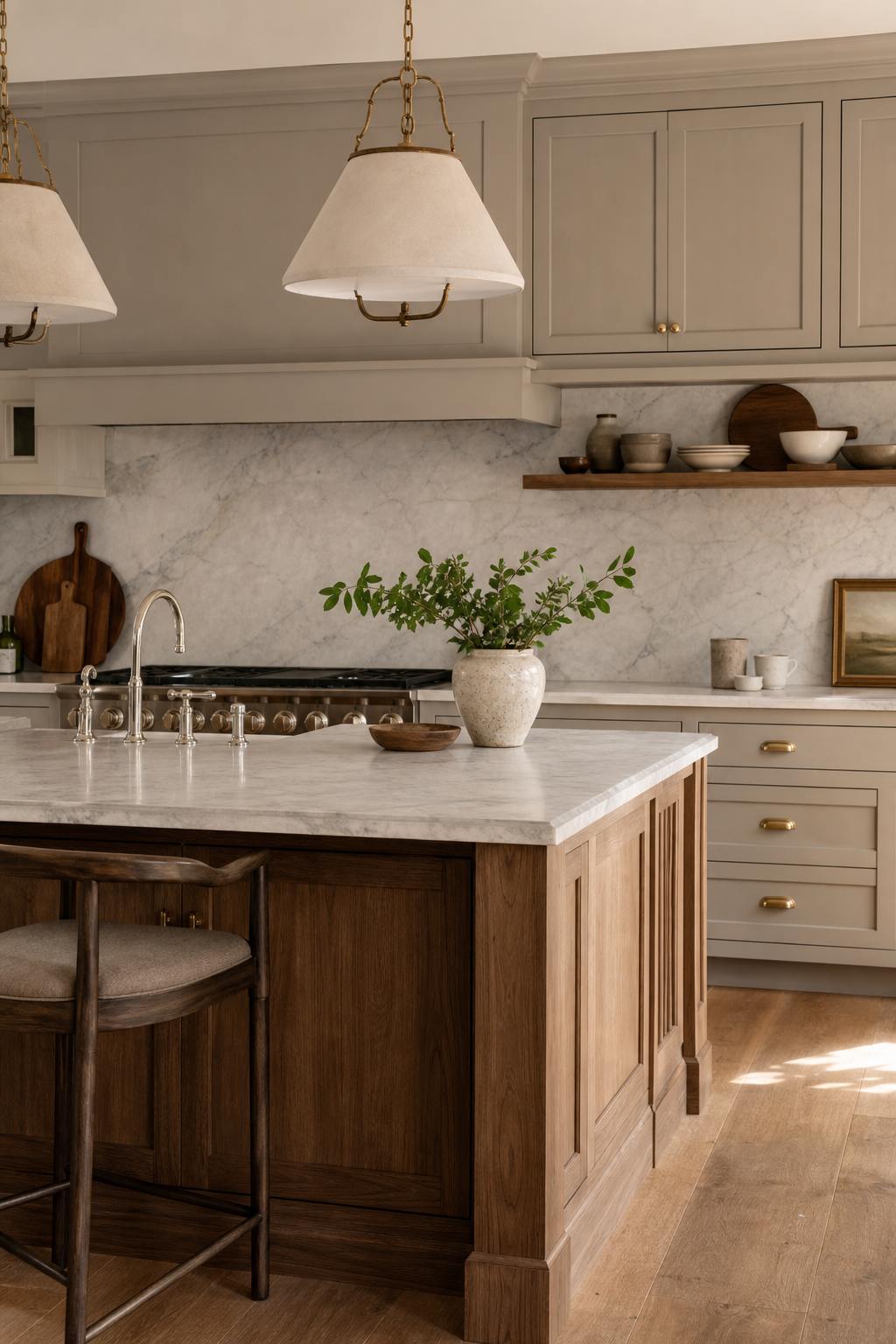 Refined kitchen with mushroom cabinets, brass hardware, marble backsplash, and oak island