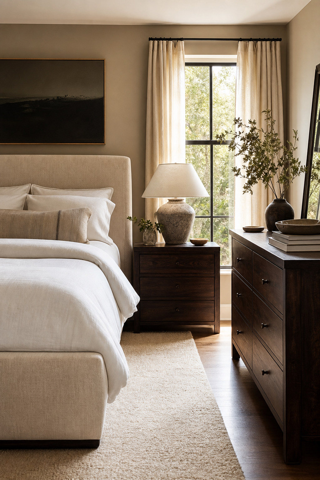 Earthy bedroom with dark walnut furniture balanced by cream linen textiles