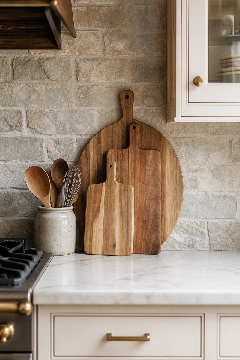 Warm kitchen counter with restrained display of wood cutting boards