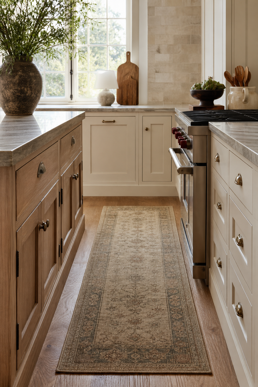 Warm neutral kitchen softened with a vintage-style runner rug
