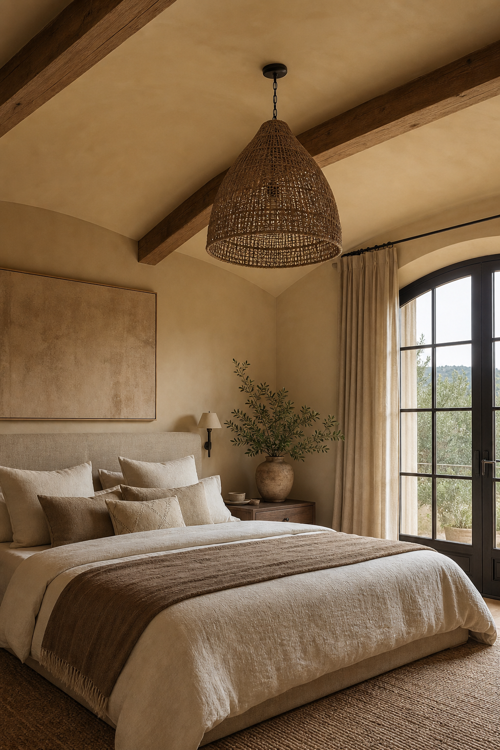 Bedroom ceiling painted to match the walls with wood beams and woven pendant