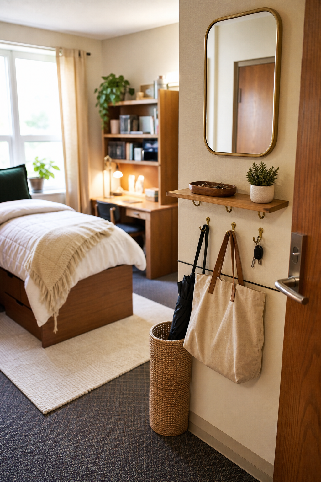 Dorm entry drop zone with hooks, tray, basket, and small mirror