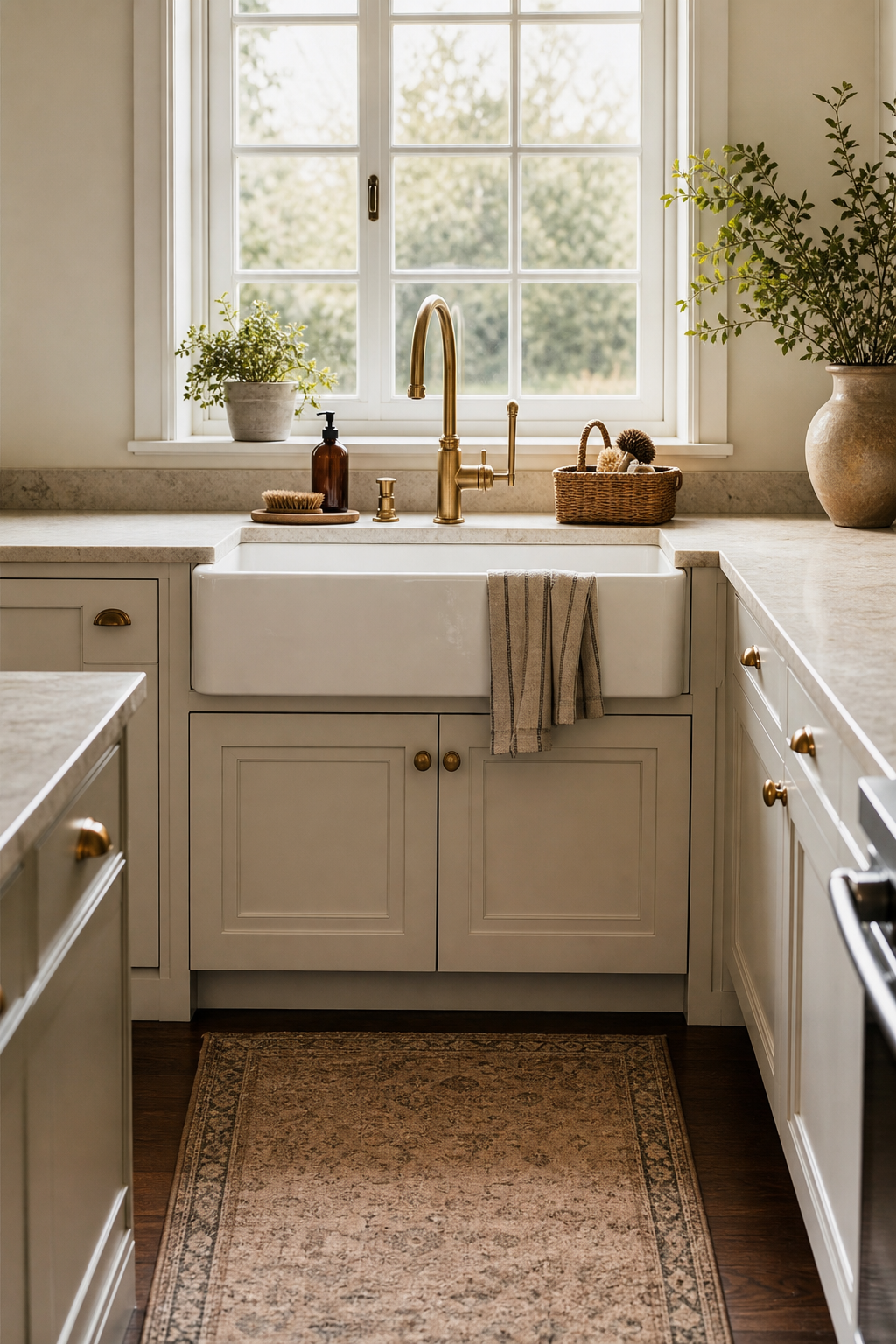 Cozy kitchen sink zone with brass faucet, tray, linen towel, and runner