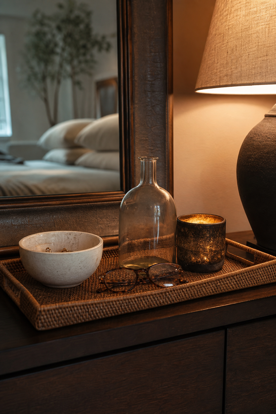 Decor tray organizing small objects on a bedroom dresser