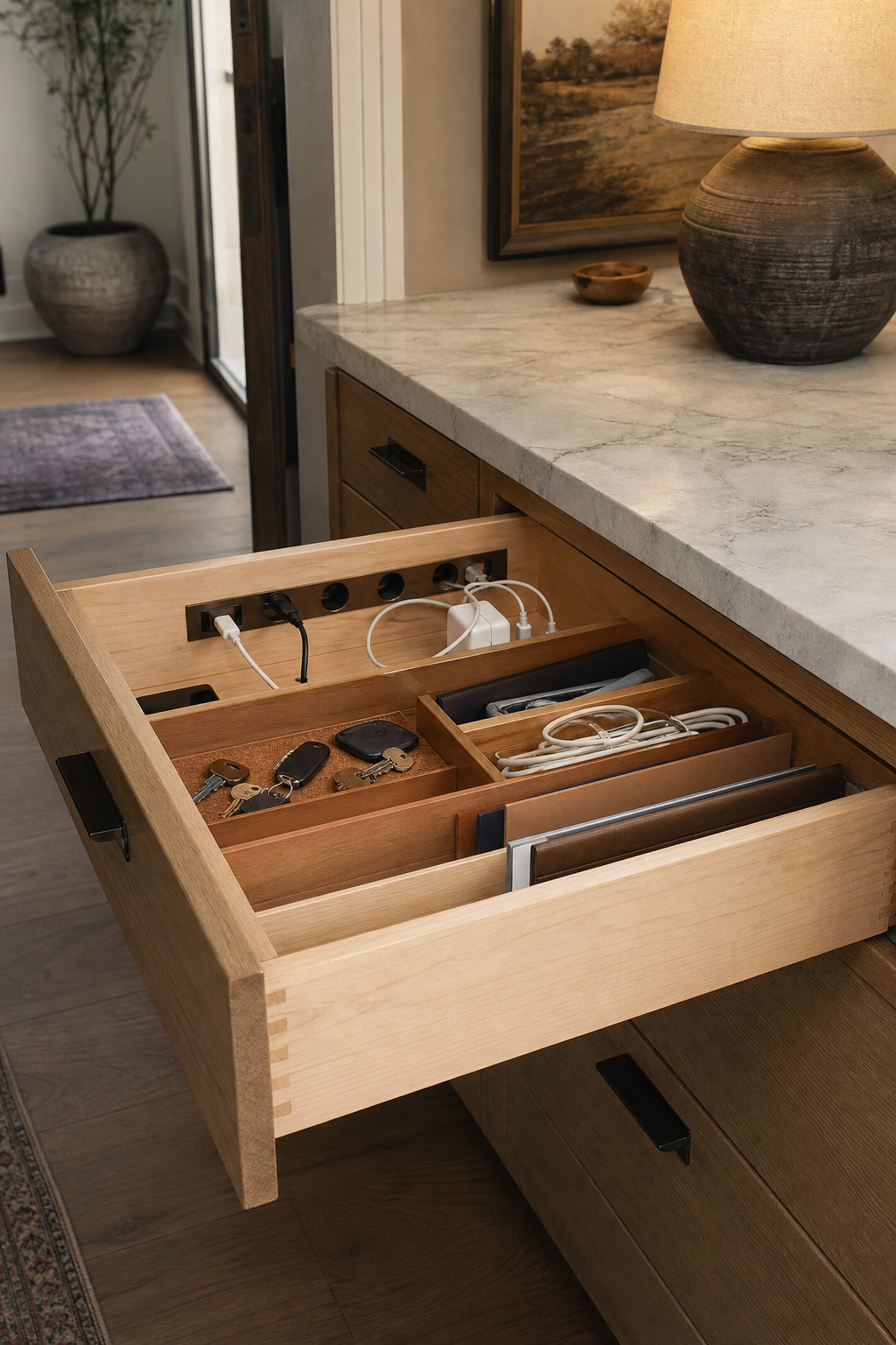 Simple kitchen command drawer with hidden charging station, key tray, and paper slots