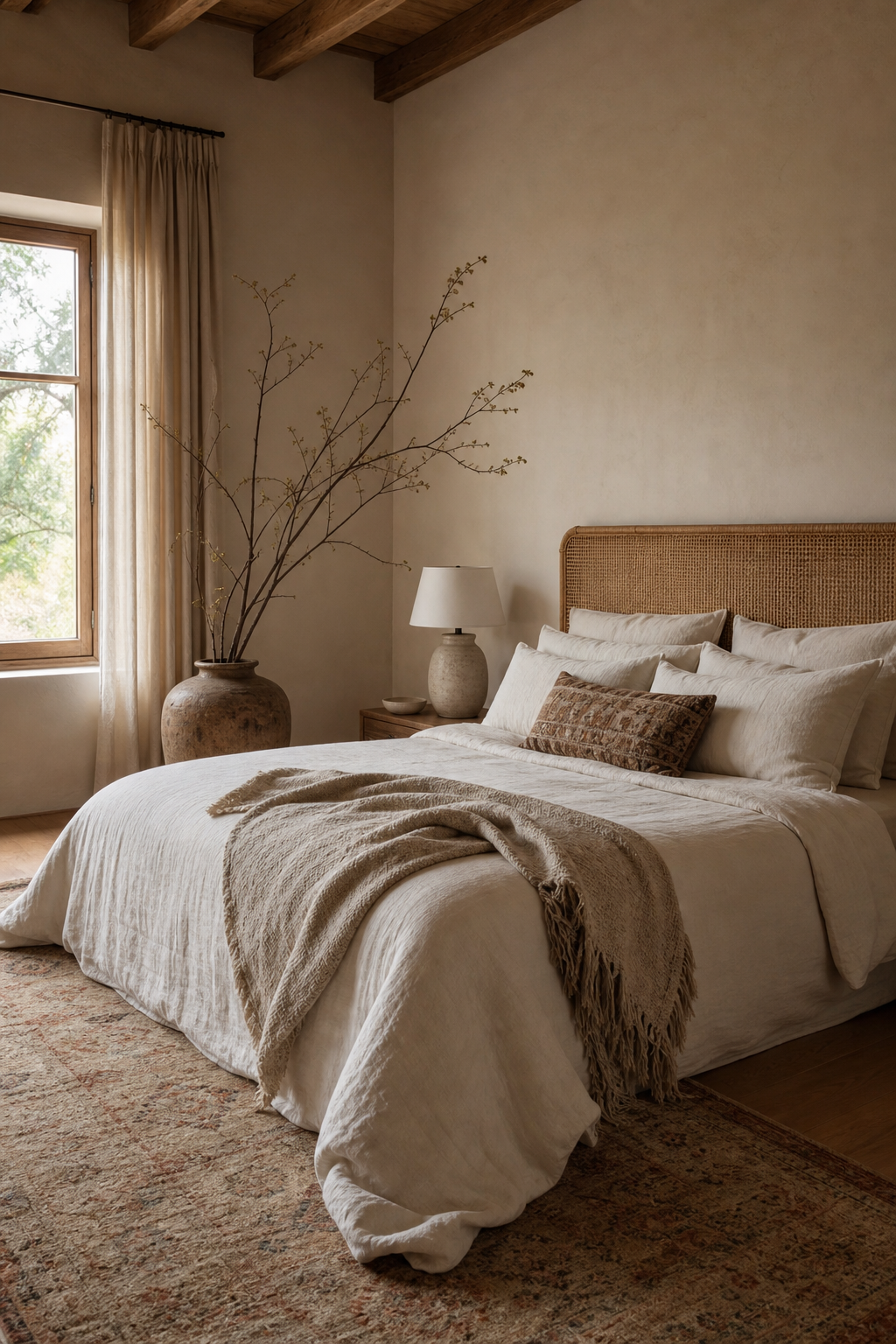 Edited boho bedroom with calm surfaces and tactile natural materials