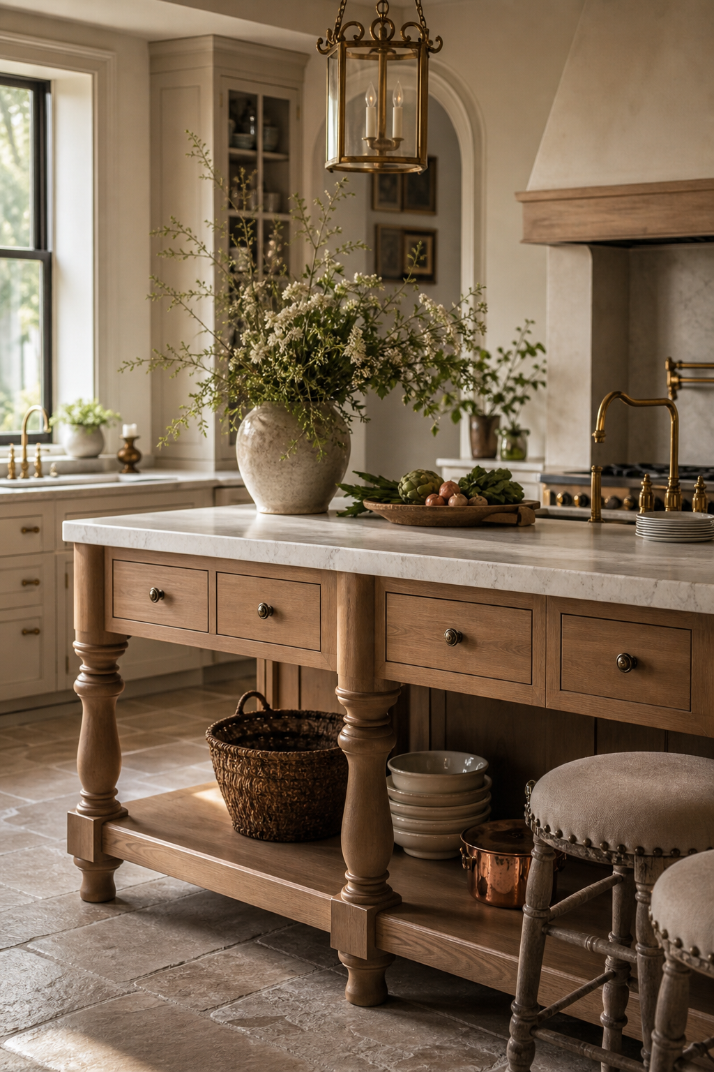 Furniture-like kitchen island with turned legs and inset drawers