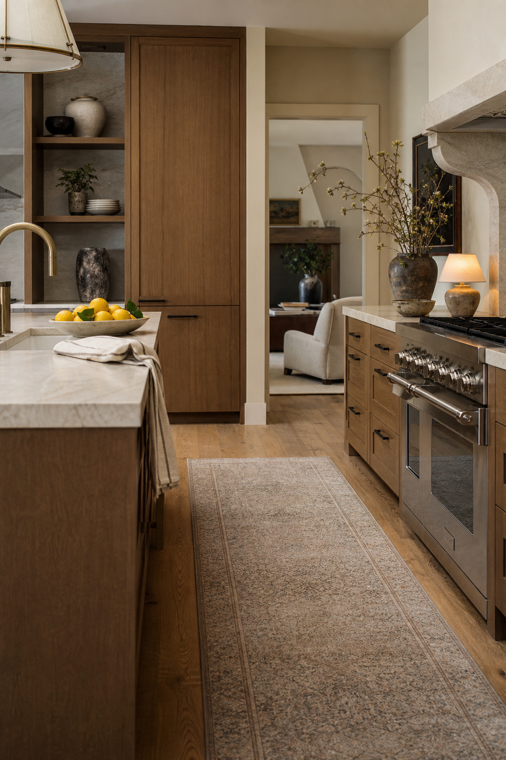 Modern kitchen softened with a vintage runner, ceramic lamp, wood boards, and linen details