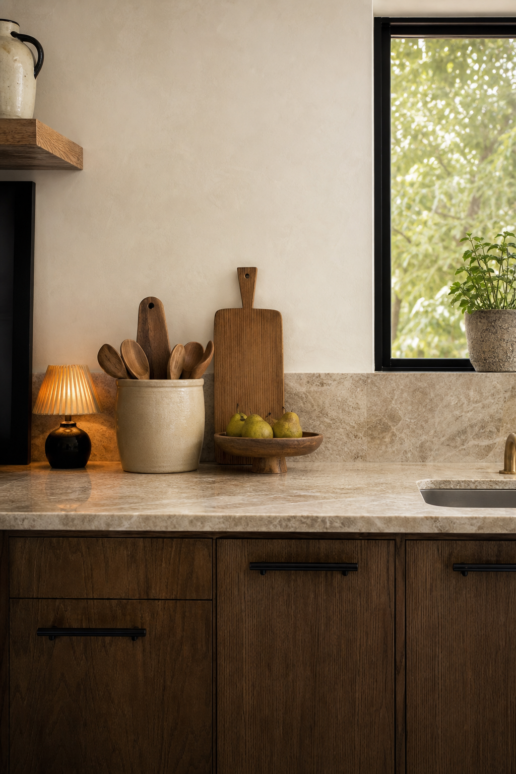 Small kitchen with edited countertop styling and negative space