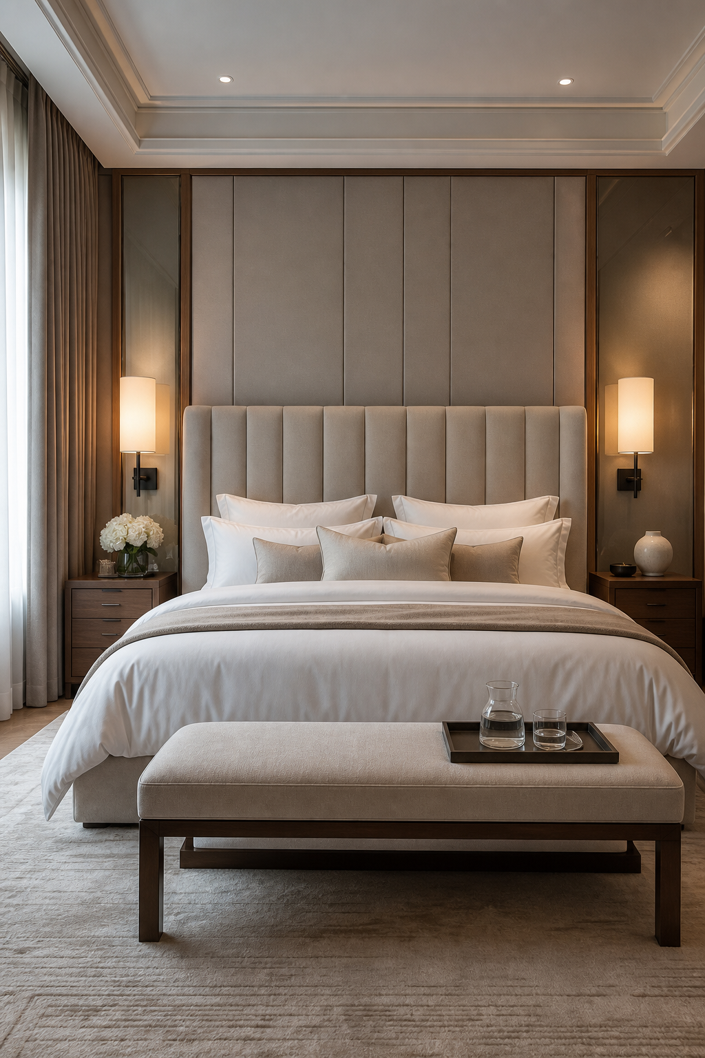 Hotel-inspired bedroom with white layered bedding, sconces, and taupe drapery